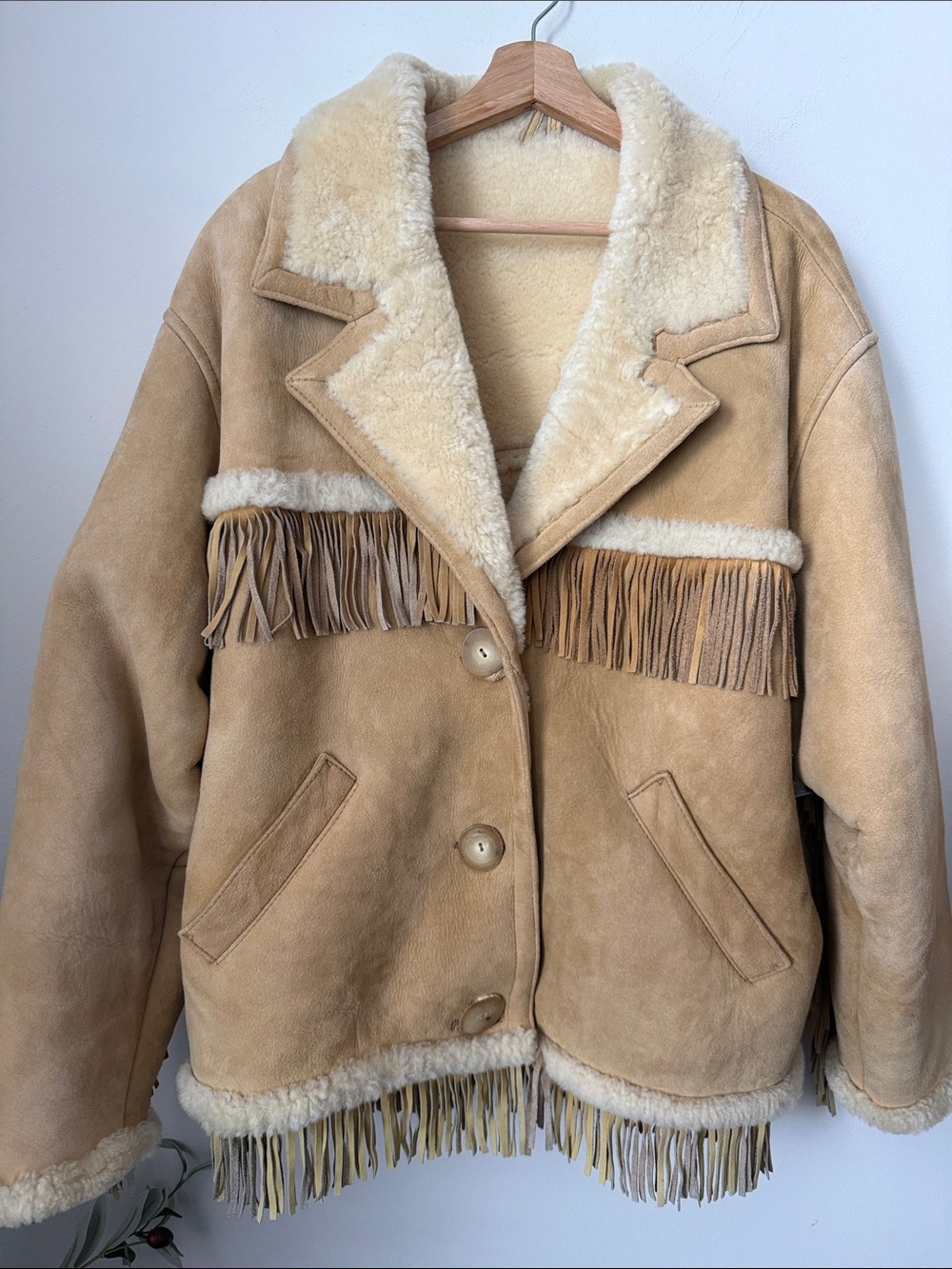 Eddie Bauer Tan Suede Shearling Fringe Jacket Size XL